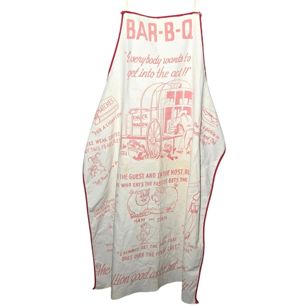 Vintage 50s BAR-B-Q Novelty Apron Red White Chuck Wagon Kitsch Mid Century BBQ